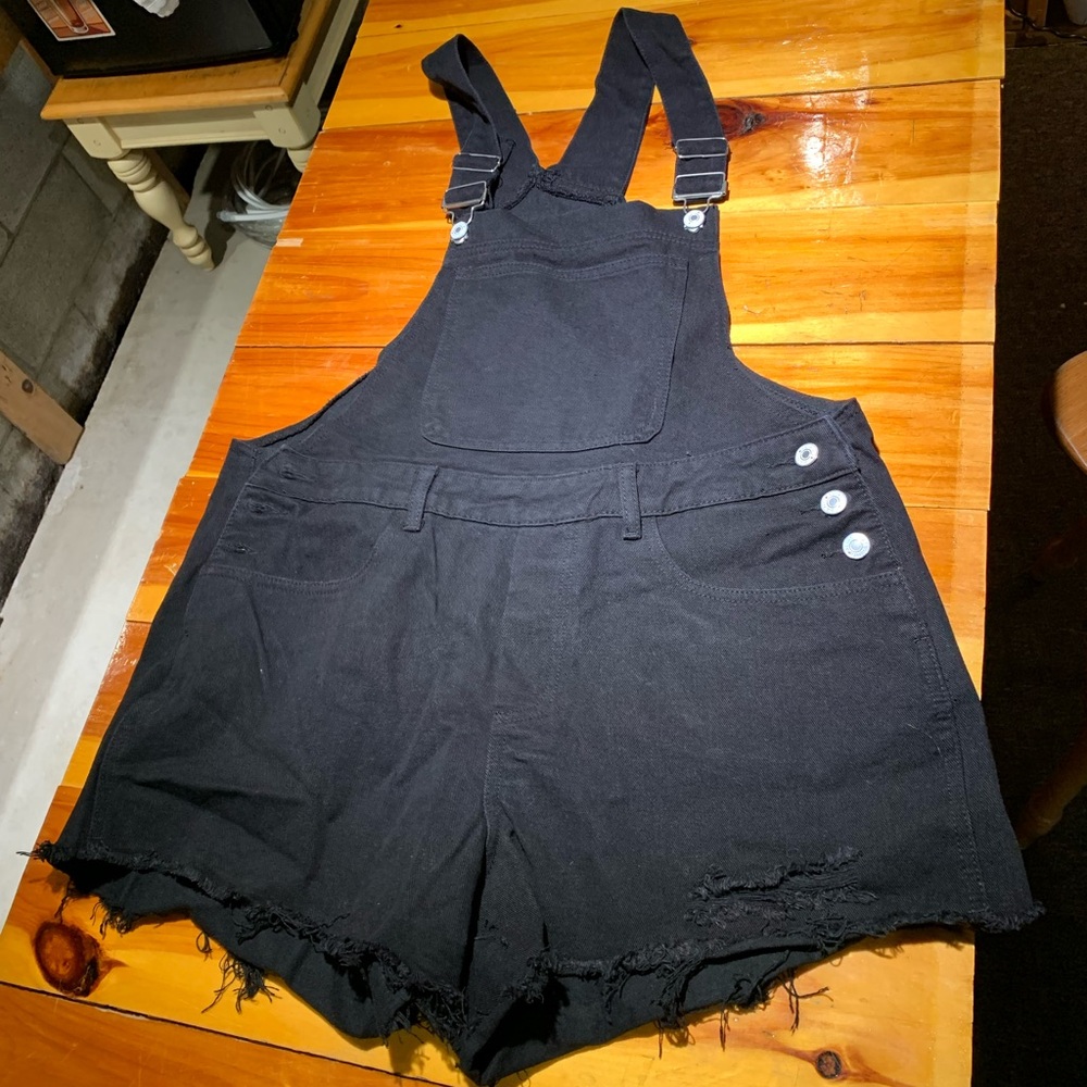 Black Denim Overalls with Frayed Hem